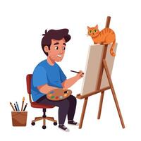 Man Painting at Easel with a Cat Watching Art Session vector