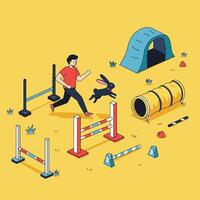 Person and Rabbit Participating in Agility Course Activity Together vector