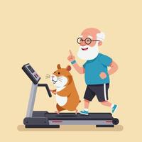 Cartoon Man and Hamster Running Together on Treadmill for Health vector