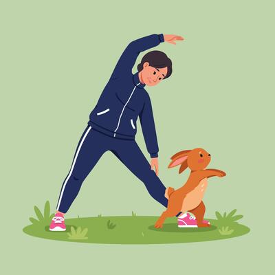 Woman Stretching with a Rabbit in Sneakers in the Grass