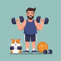 Man Lifting Dumbbells with Hamster Also Exercising Illustration vector