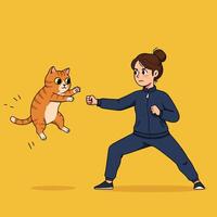 Woman Training with Playful Cat Illustration in a Studio Setting vector