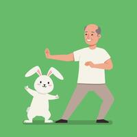 Man Practicing Martial Arts with Rabbit in Cartoon Illustration Style vector