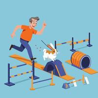 Rabbit Agility Training with Man Running Alongside the Course vector