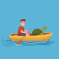 Man Rowing a Boat with a Turtle Companion on Water vector