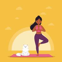 Woman Practicing Yoga Tree Pose with Cat in Peaceful Illustration vector