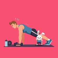 Man Doing Push-up Exercise with Rabbit Cartoon Character Illustration vector