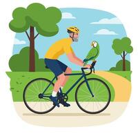 Man Cycling with Parrot Illustration on Handlebars in Natural Setting vector