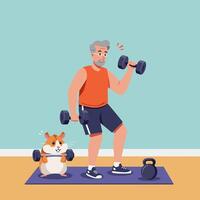 Man Lifting Dumbbells with Hamster Doing Bicep Curls Illustration vector