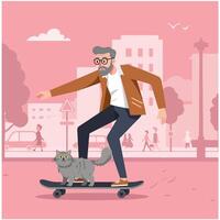 Man Skateboarding with Cat in the City Engaging in Fun Activity vector