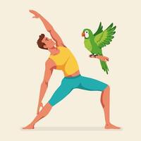 Man Practicing Yoga with Green Parrot Perched on Arm vector