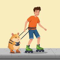 Man Roller Skating and Pulling a Hamster on Roller Skates vector