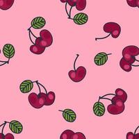 Aesthetic pattern with doodle cherries berries. Summer retro print for curtain, tablecloth, textile and fabric. Hand drawn background. vector