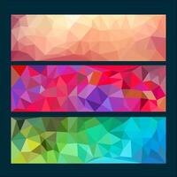 A set of abstract banners with colorful geometric polygonal backgrounds in shades of peach, red, purple, green, and blue vector