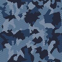 Camouflage mesh pattern. Navy blue geometric camo design for t-shirt. Military fabric texture with holes. Army background vector