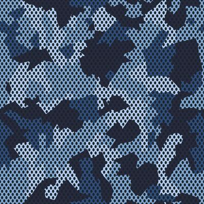 Camouflage mesh pattern. Navy blue geometric camo design for t-shirt. Military fabric texture with holes. Army background