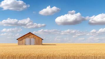 Rustic barn in golden wheat fields under blue sky with clouds photo