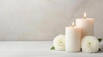 Elegant white candles with fresh flowers create serene atmosphere photo