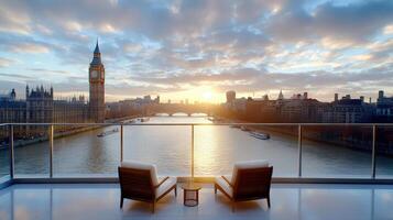 Stunning view of Palace of Westminster and River Thames at sunset photo