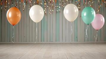 Colorful balloons in festive setting with streamers and lights photo