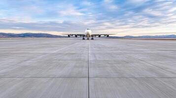 freight airplane on runway ready for takeoff against scenic backdrop photo
