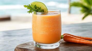Fresh carrot juice garnished with lime and herbs, perfect for refreshing drink photo