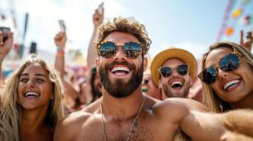 Friends enjoying music festival, smiling and taking selfies together photo