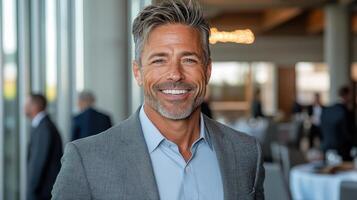 Smiling man in suit at business event, networking with confidence photo