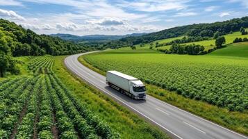 Aerial view of truck on highway surrounded by lush green fields photo