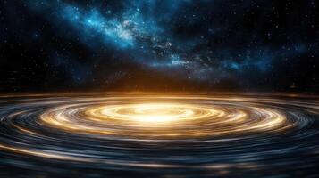 mesmerizing cosmic swirl of bright golden light in starry galaxy photo