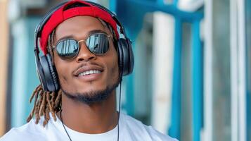 stylish man wearing headphones and sunglasses, smiling confidently photo