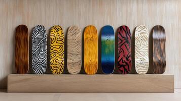 Colorful skateboard designs with unique patterns displayed on shelf photo