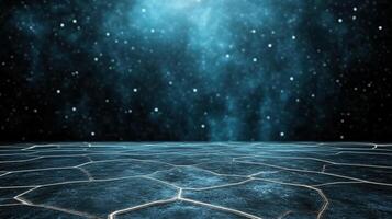 cosmic landscape with glowing hexagonal patterns and starry background photo