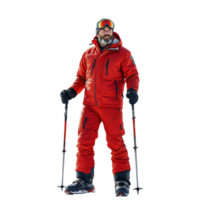A man in red ski gear poses for a photo png