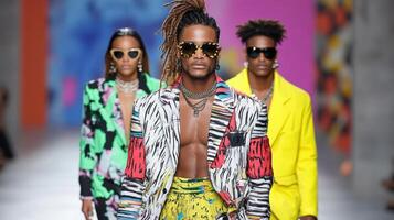 Hip hop fashion runway show featuring vibrant outfits and stylish models photo