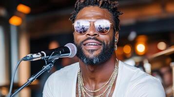 Energetic musician performing live at vibrant event, wearing sunglasses photo