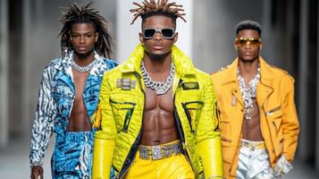 Hip hop fashion runway show featuring stylish models in vibrant outfits photo