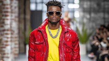 stylish model showcases hip hop fashion on runway, exuding confidence photo