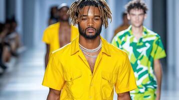 Bright yellow fashion outfit showcased on runway with models walking photo