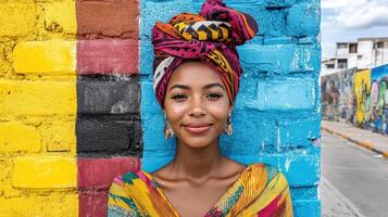 Vibrant street art backdrop with smiling woman in colorful attire photo