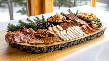 beautifully arranged charcuterie board with meats, cheeses, and snacks photo