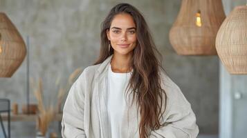 Elegant model in chic layered outfit, smiling warmly in stylish setting photo
