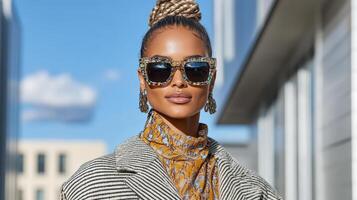 Chic layered outfit with stylish sunglasses and confident expression photo