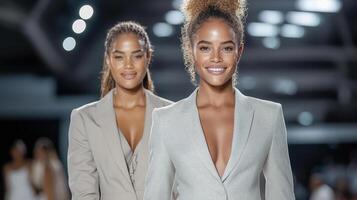 Confident models in chic tailored outfits walking runway with style photo