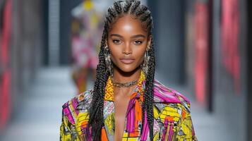 model in colorful patterned outfit walking gracefully on runway photo