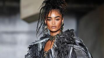 Elegant model in dramatic layered outfit showcasing high fashion style photo