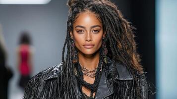 Elegant model with dramatic layered outfit and striking features photo