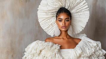 Elegant model in dramatic layered outfit with striking accessories photo