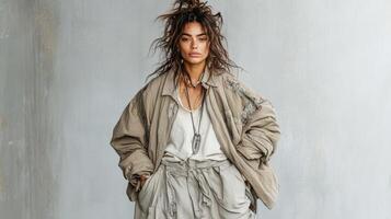 model in dramatic layered outfit poses elegantly with confidence photo