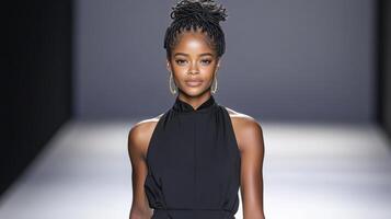 model in sleek modern jumpsuit showcasing confidence on runway photo